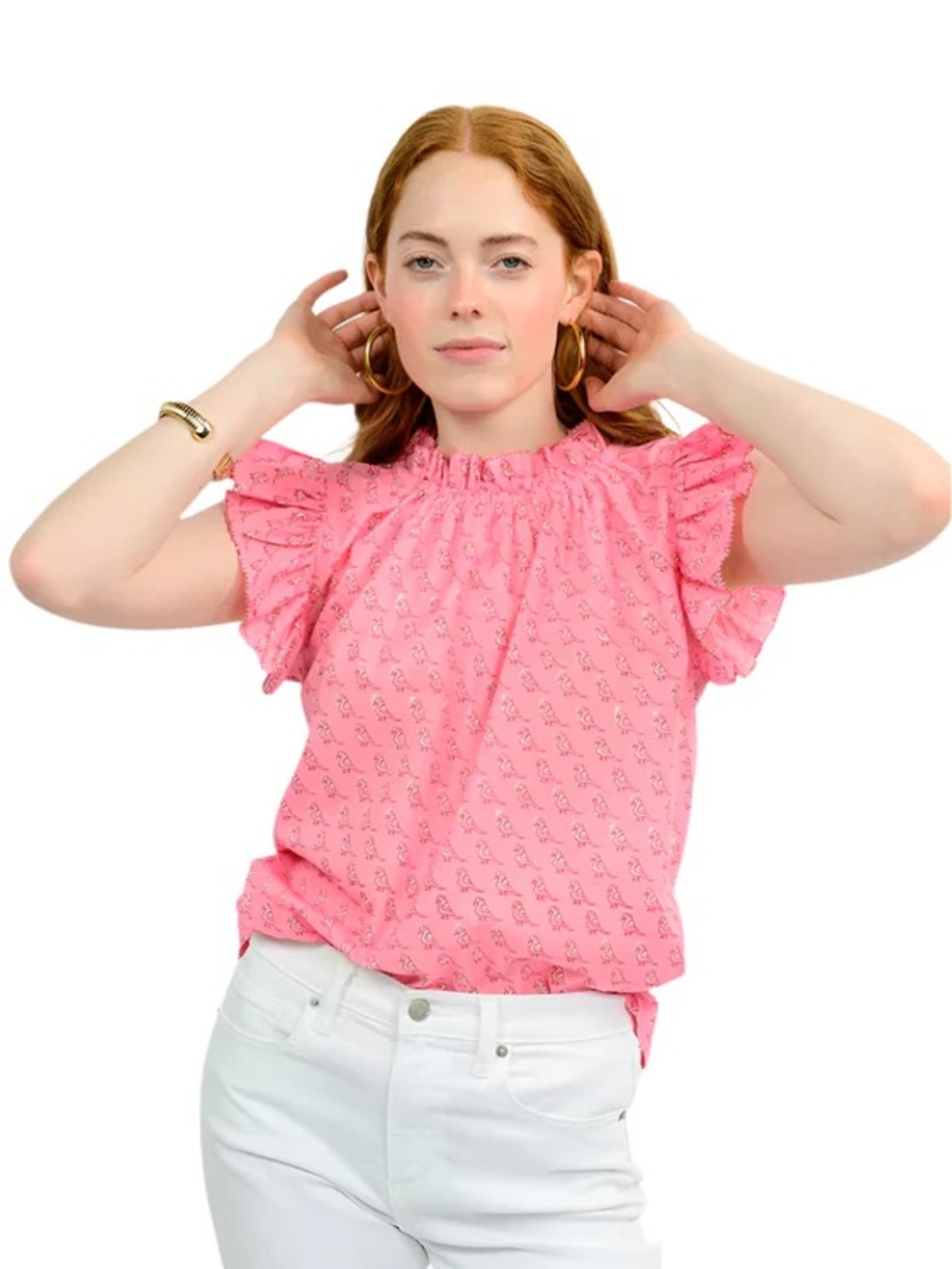 Ivy Jane Birds on the Block Top -S- pink ruffle trim print flutter sleeve shirt - Picture 2 of 10